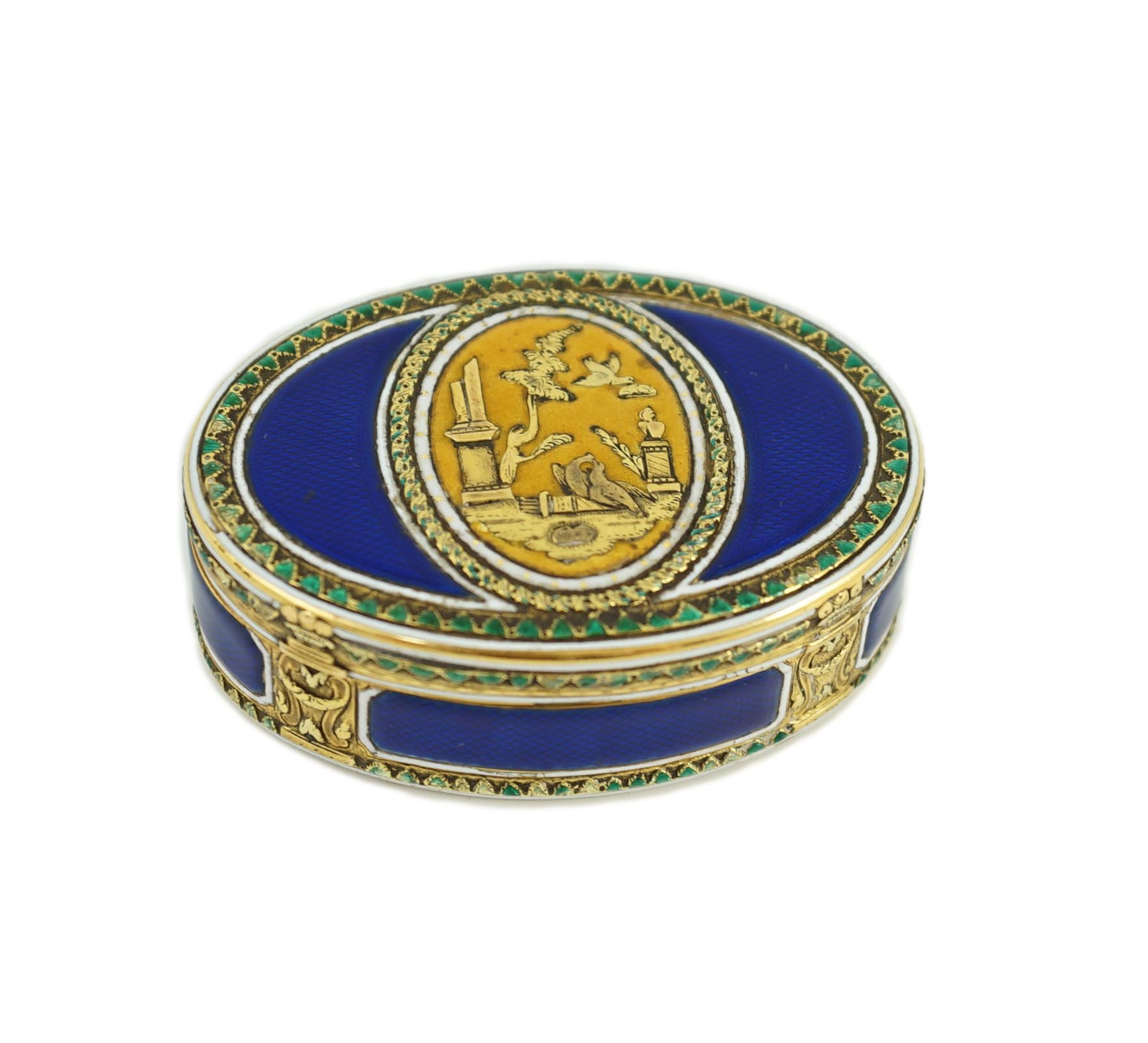 A late 18th/early 19th century French? gold and polychrome enamel oval snuff box